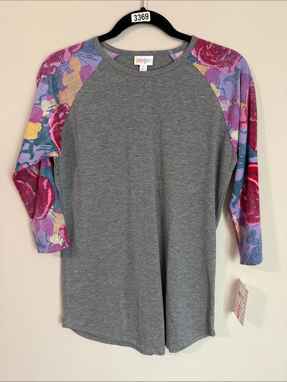 LuLaRoe Gray Raglan Tee with Pink, Purple and Yellow Floral Sleeves